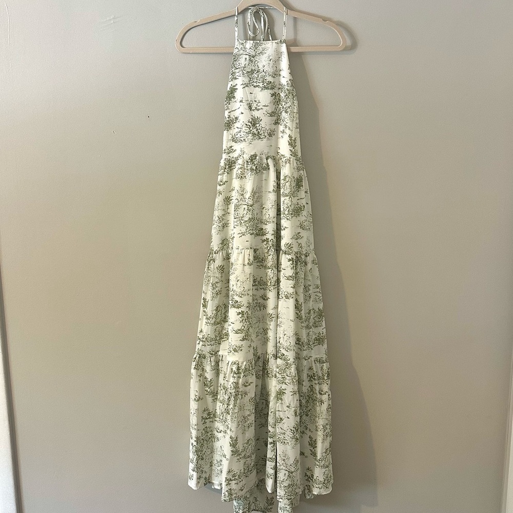 Entro Toile Print Halter Maxi Dress Green White Cottagecore Size Small